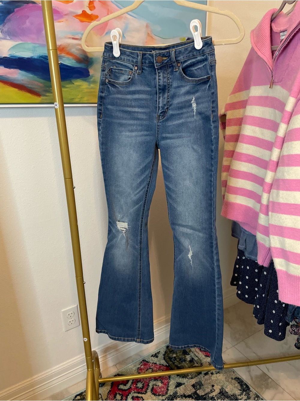 Women's Blue Distressed Flared Jeans Wonderly Size 28